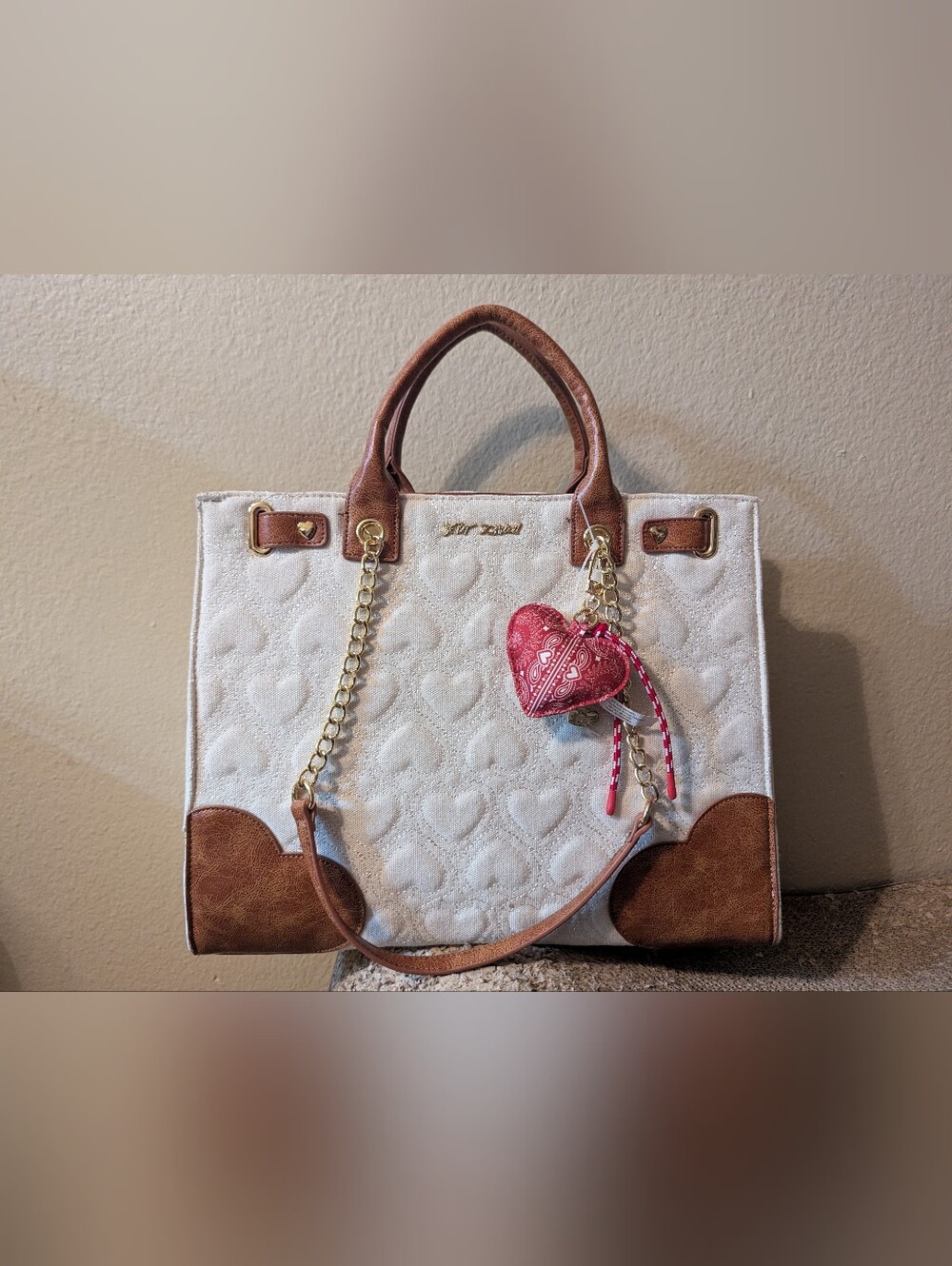 Betsey Johnson Cream Quilted Heart Tote with Brown Trim and Pink Heart Charm